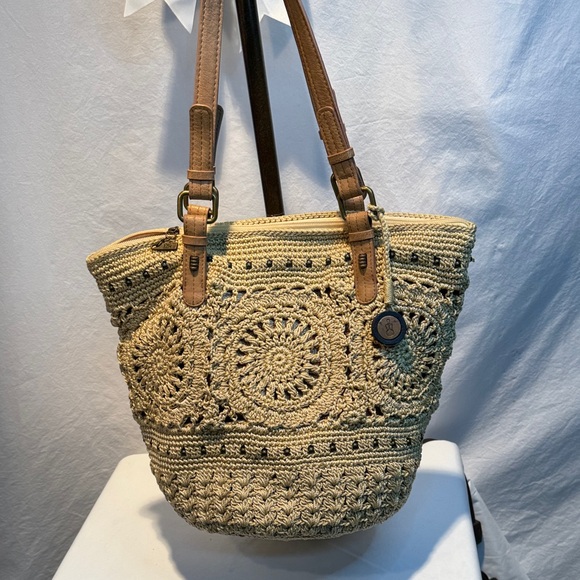 The Sak Handbags - Woven Crochet Tote Bag with Leather Straps - Beige